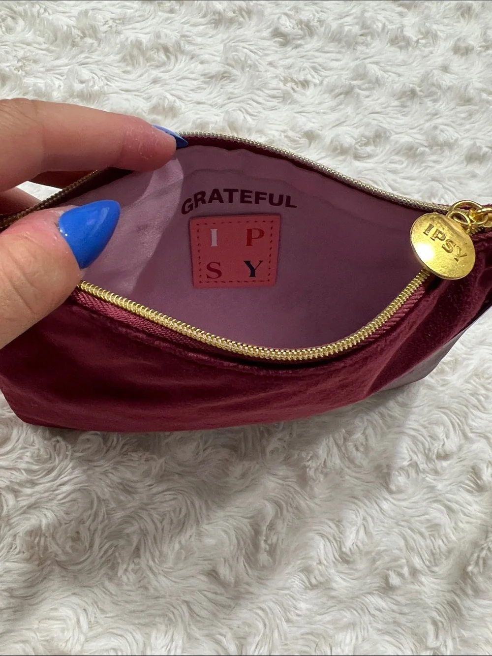 Burgundy Velvet & Leatherette Zip Pouch Makeup Bag